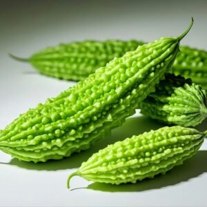 four bitter melons with white background and there shadows