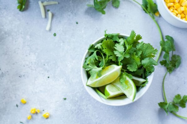 sliced lemon with coriander in a cup